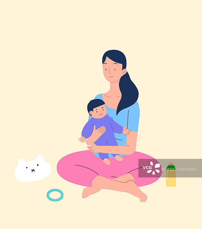 母婴亲子互动幼儿呵护成长温馨家庭快乐时光陪伴孩子生活插画图片素材