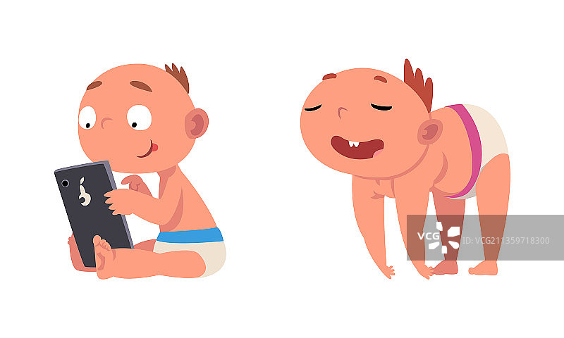 坐在智能手机旁穿尿布的有趣婴儿图片素材