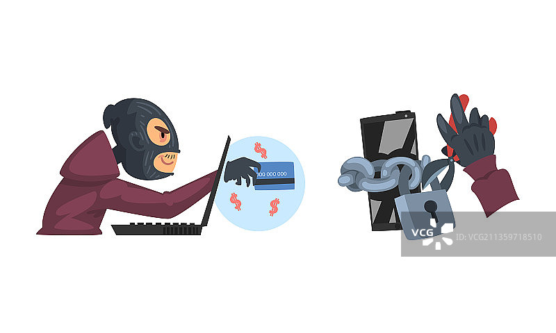 戴着黑色面具的黑客破解密码和手机图片素材