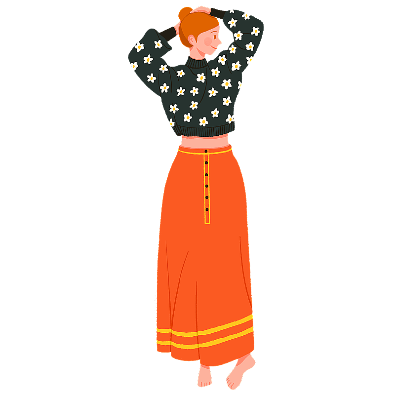 穿着橙红色长裙赤脚站立的红发女孩图片素材