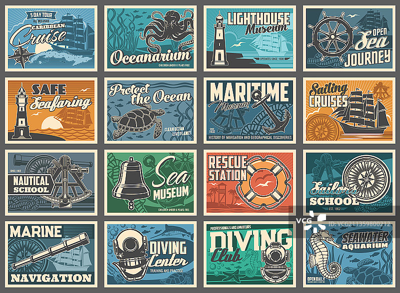 航海复古海报：锚、灯塔和大海图片素材