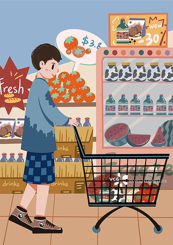 一个人系列插画--超市图片素材