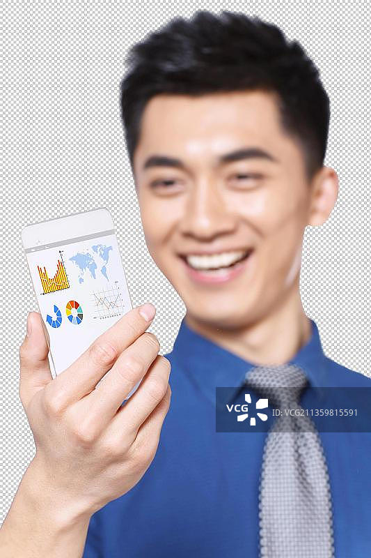 商务男人手拿手机看数据分析图片素材