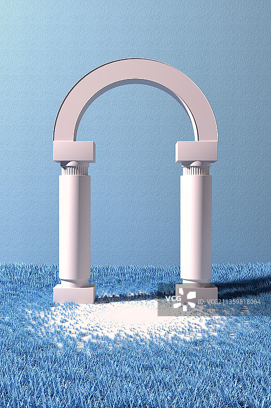 蓝色草坪白色石柱空间渲染图片素材