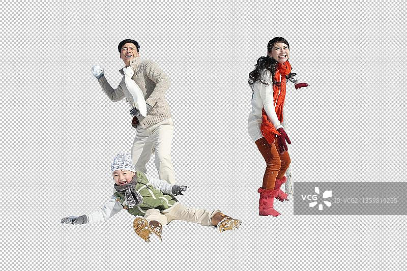 一家三口在雪地上打雪仗图片素材