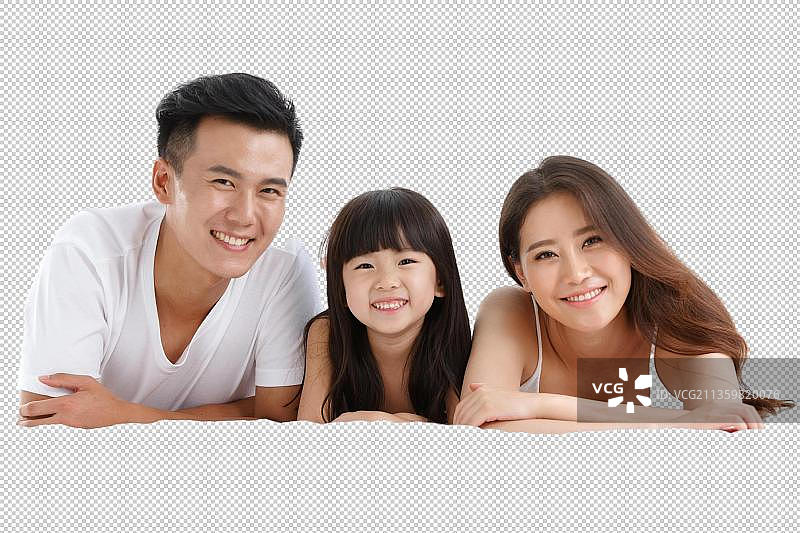 幸福的一家三口趴在床上图片素材