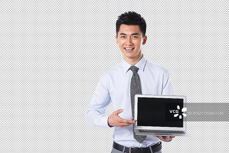 商务男士展示笔记本电脑图片素材