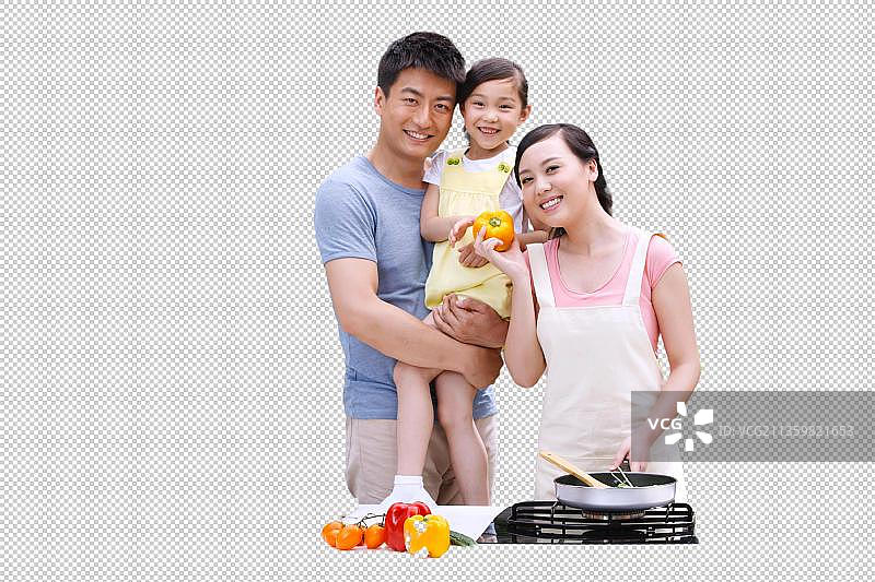 三口之家在户外厨房图片素材