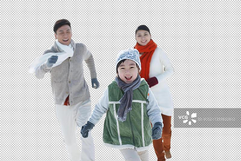 一家三口在雪地上奔跑图片素材