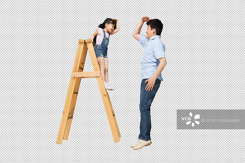 女孩站在梯子上和父亲比身高图片素材