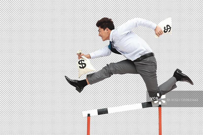 商务男人拿着钱袋跨栏图片素材