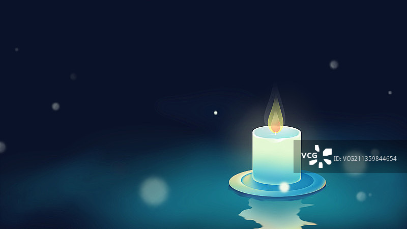 水中一抹燃烧的白蜡烛，蓝色唯美卡通节日怀念插画图片素材
