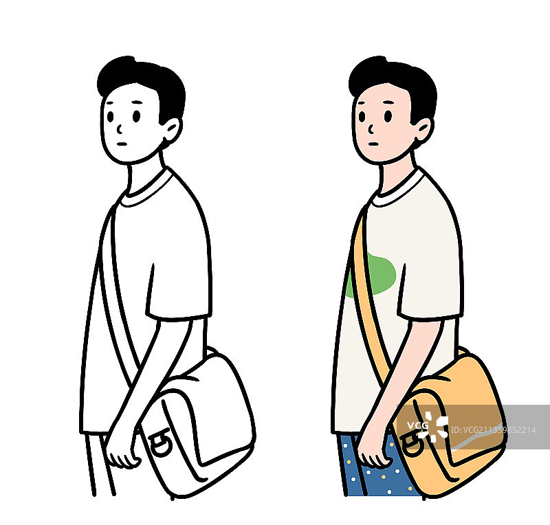 清新线条插画背着包的男孩图片素材