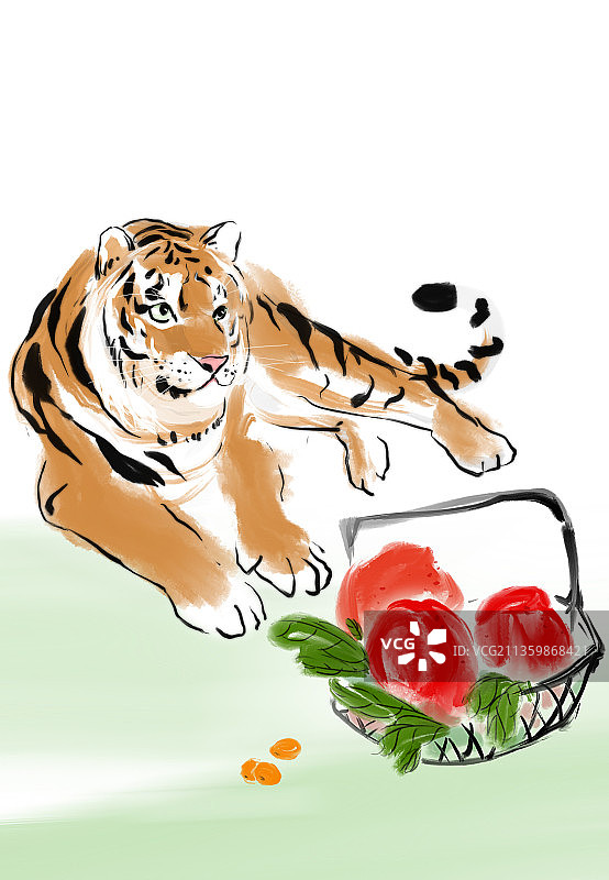2022虎年水墨中国画老虎插画寿桃图片素材