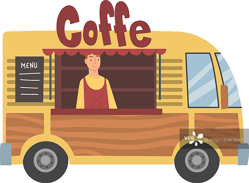 年轻男人作为街头小吃摊贩站在卡车旁图片素材