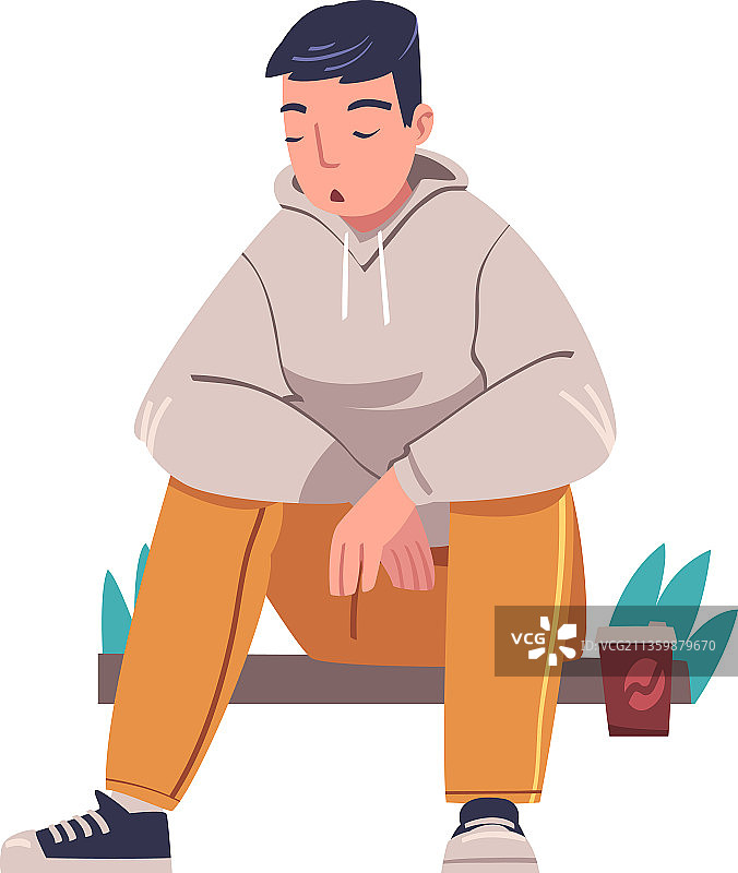 疲惫的年轻人坐在长椅上，手拿咖啡杯图片素材
