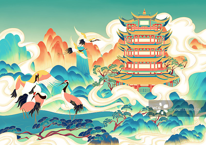 山水间的黄鹤楼和仙鹤图片素材