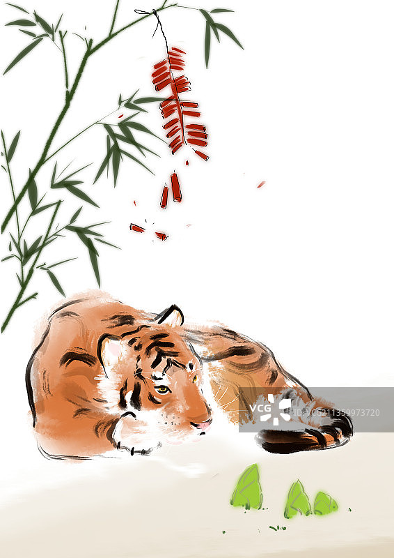 虎年年画爆竹灯笼圆宝图片素材