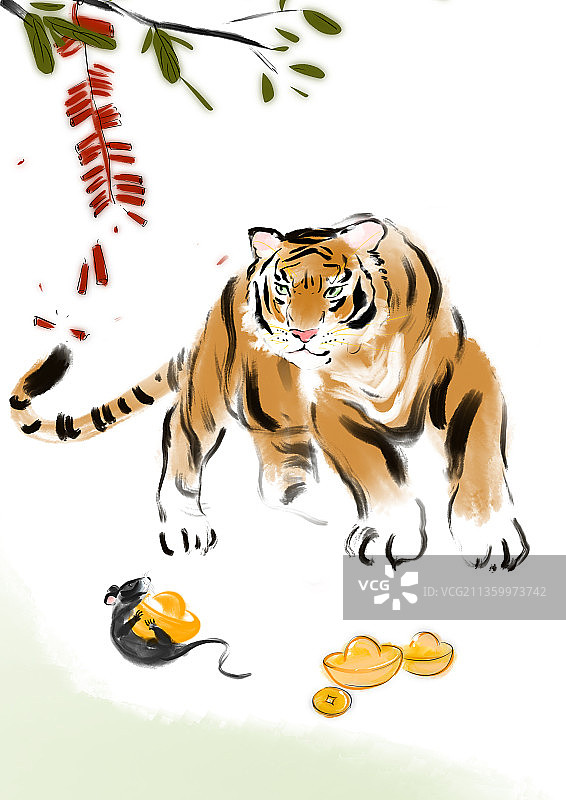 虎年年画爆竹灯笼圆宝图片素材