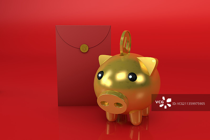 3D渲染的金猪和红包,过节概念图图片素材