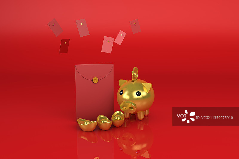 3D渲染的金元宝和红包,过节概念图图片素材