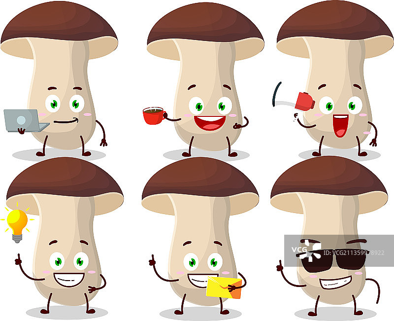具有各种类型的牛肝菌卡通角色图片素材