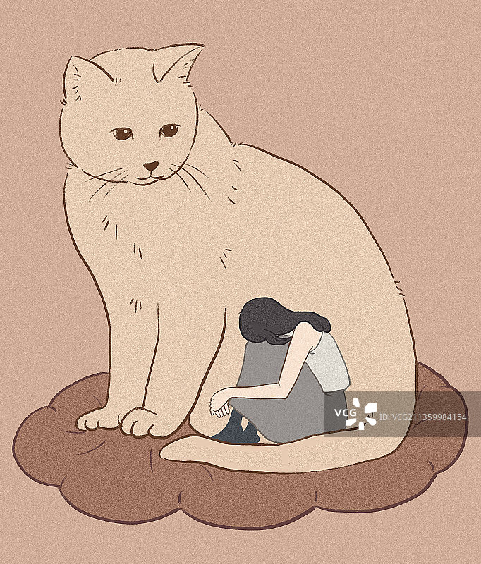 女孩与猫陪伴治愈系图片素材