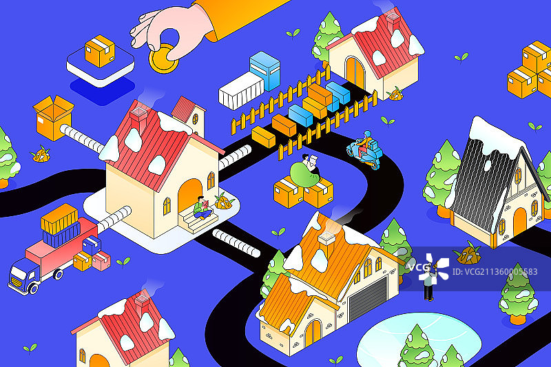 卡通2.5D等距二维电商手机物流网购快递运输商业招商矢量插画图片素材