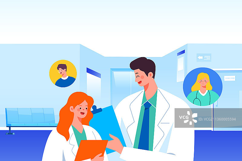 卡通医生牙科牙医团队急救医美检查治疗在线预约医疗健康矢量插画图片素材