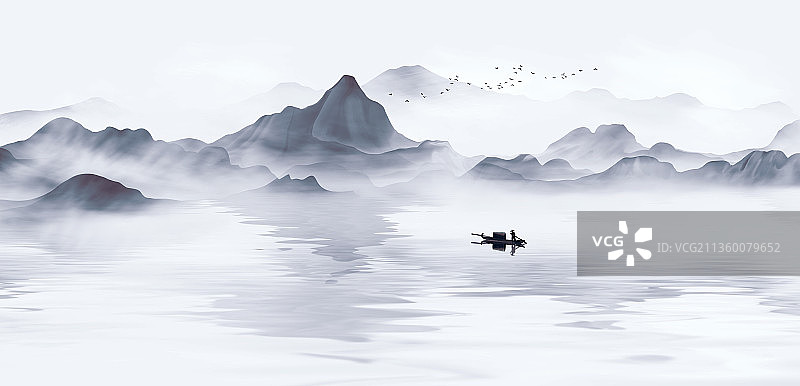 蓝色意境山水画背景图片素材