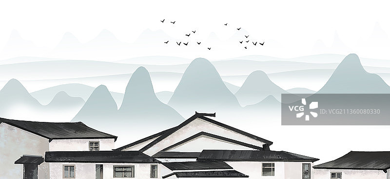 江南水乡意境山水画图片素材