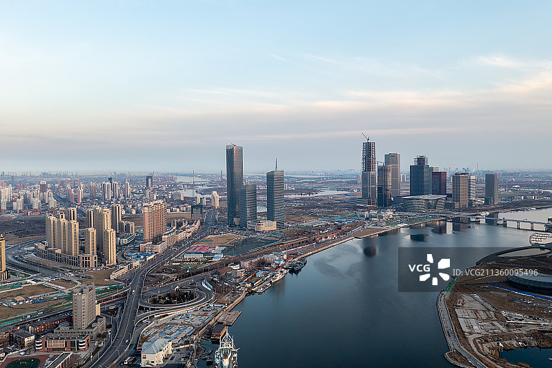 航拍天津滨海新区晚霞图片素材