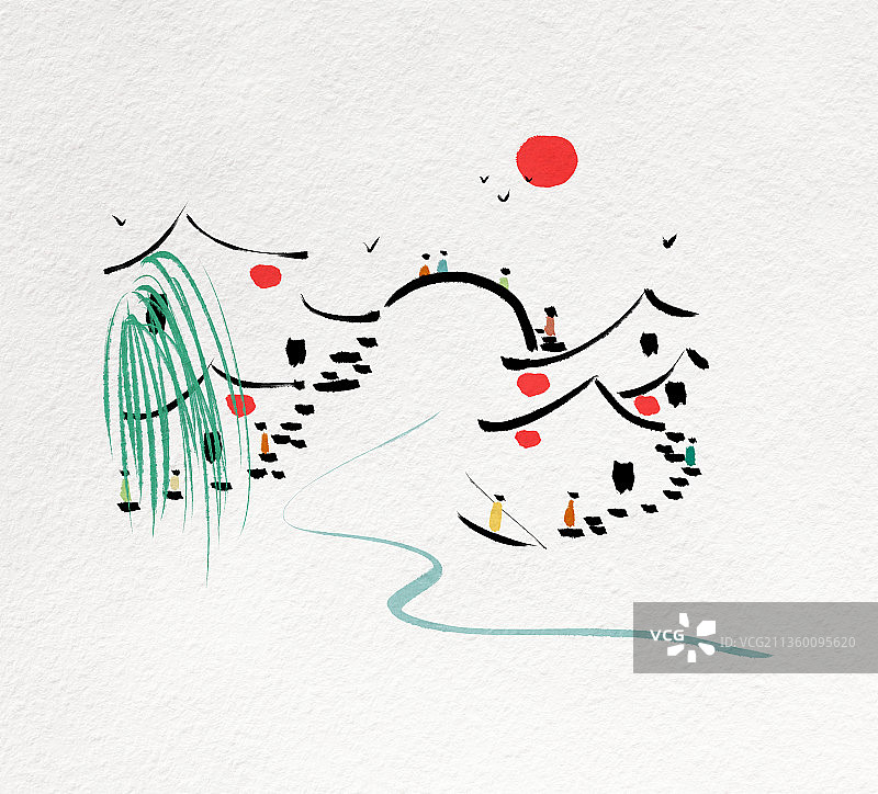 江南水乡风景插画图片素材