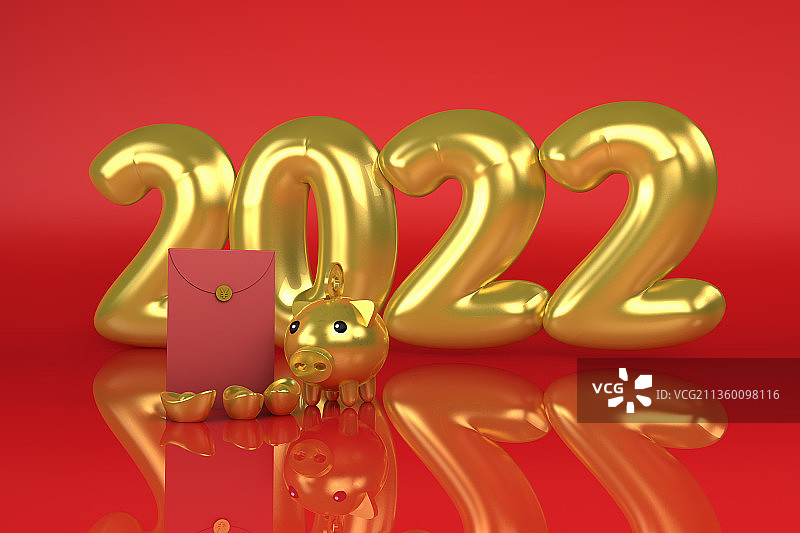 3D渲染的储蓄罐和红包,春节背景图片素材