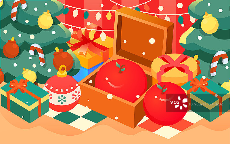 圣诞节平安夜送礼物苹果海报圣诞树礼盒插画图片素材