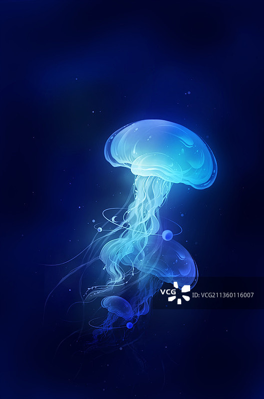 发着蓝色荧光的水母与环绕它的行星，卡通奇幻朦胧插画图片素材