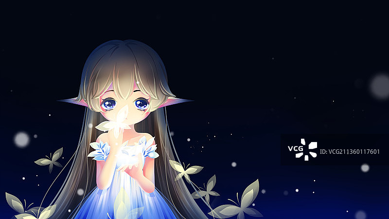 黑暗中的精灵女孩与身边飞舞的蝴蝶，唯美卡通梦幻插画图片素材