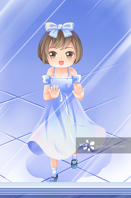 小女孩站在玻璃窗前仰望，蓝色唯美卡通人物插画图片素材