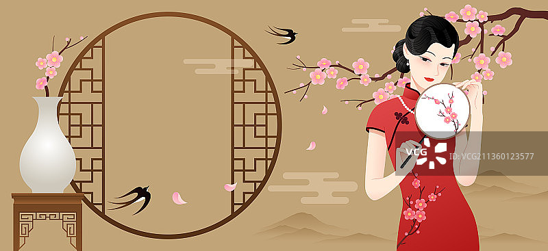 一个拿着扇子的旗袍美女和花窗花瓶等插画横版图片素材