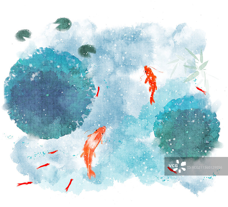 池塘鲤鱼游泳风景插画图片素材