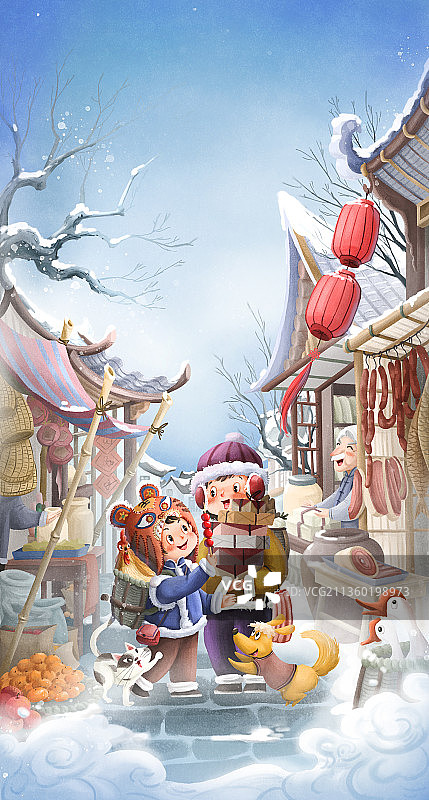 大雪天两个小朋友赶集买年货图片素材