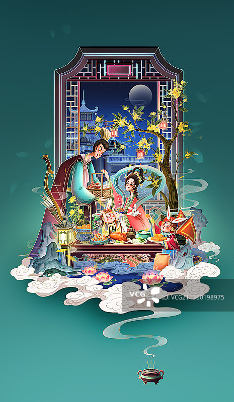 中秋节后羿跟嫦娥吃团圆饭图片素材