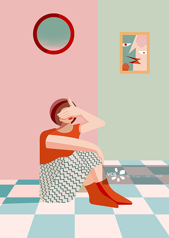 插画生活女人扁平风格孤独图片素材