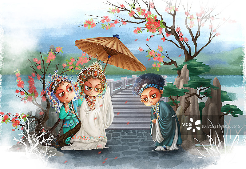 白蛇传白娘子青蛇与许仙在断桥相遇图片素材