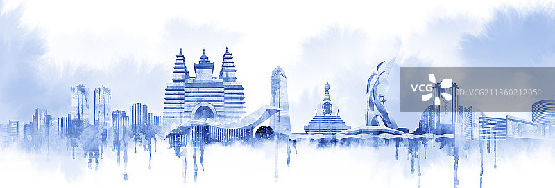 呼和浩特城市建筑插画图片素材