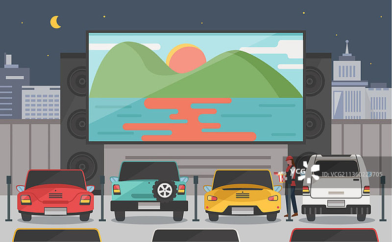 夜晚在车里看电影的人们矢量图图片素材