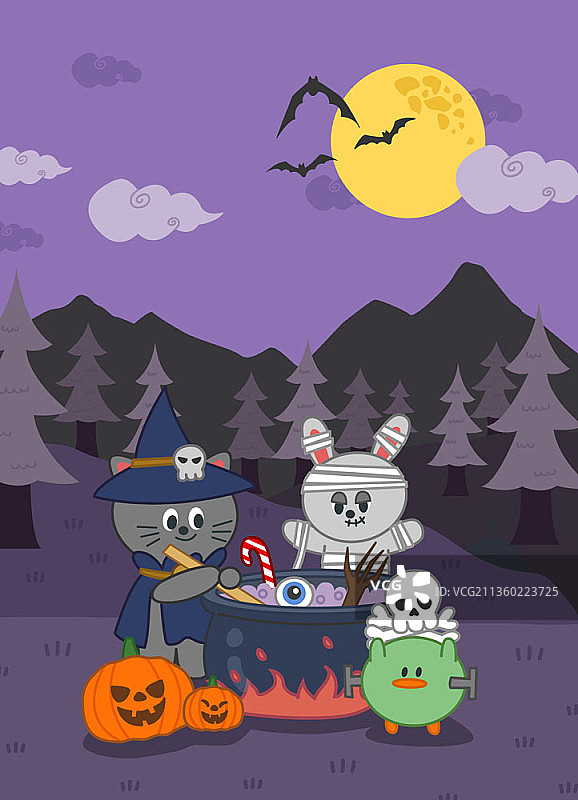 万圣节角色在森林中满月下熬汤的矢量图图片素材