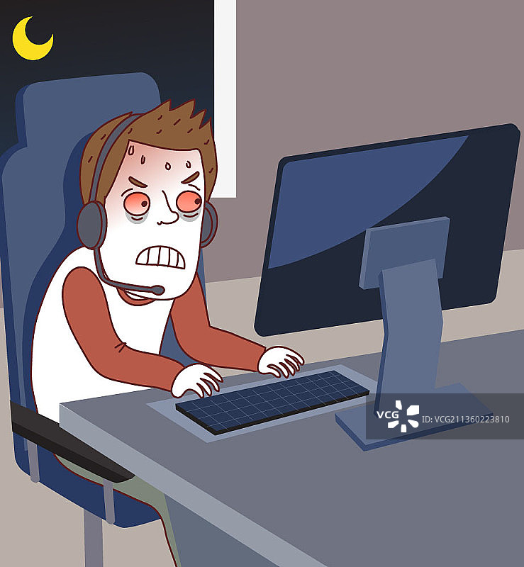 晚上坐在桌旁玩电脑游戏，看起来很疲惫的男人图片素材