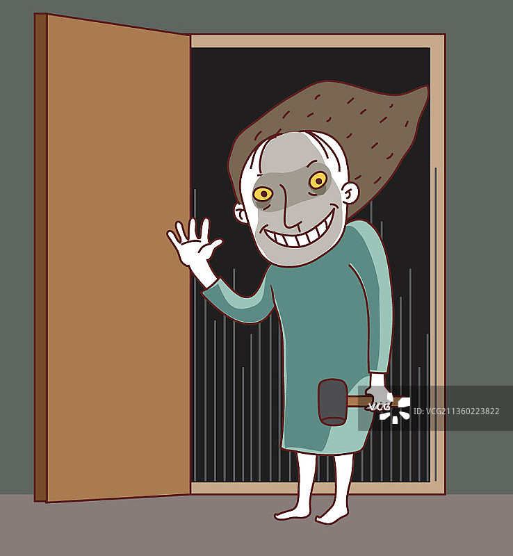 拿着锤子站在门口，看起来很吓人的女人矢量图图片素材