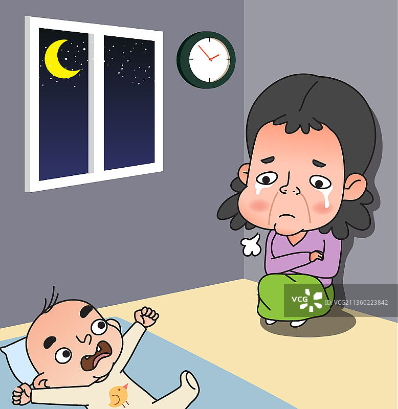 婴儿在房间里哭泣，女人感到沮丧的矢量图图片素材